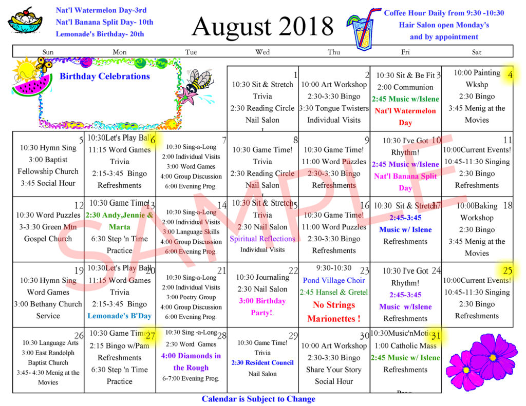 Sample Menig Nursing Home activity calendar